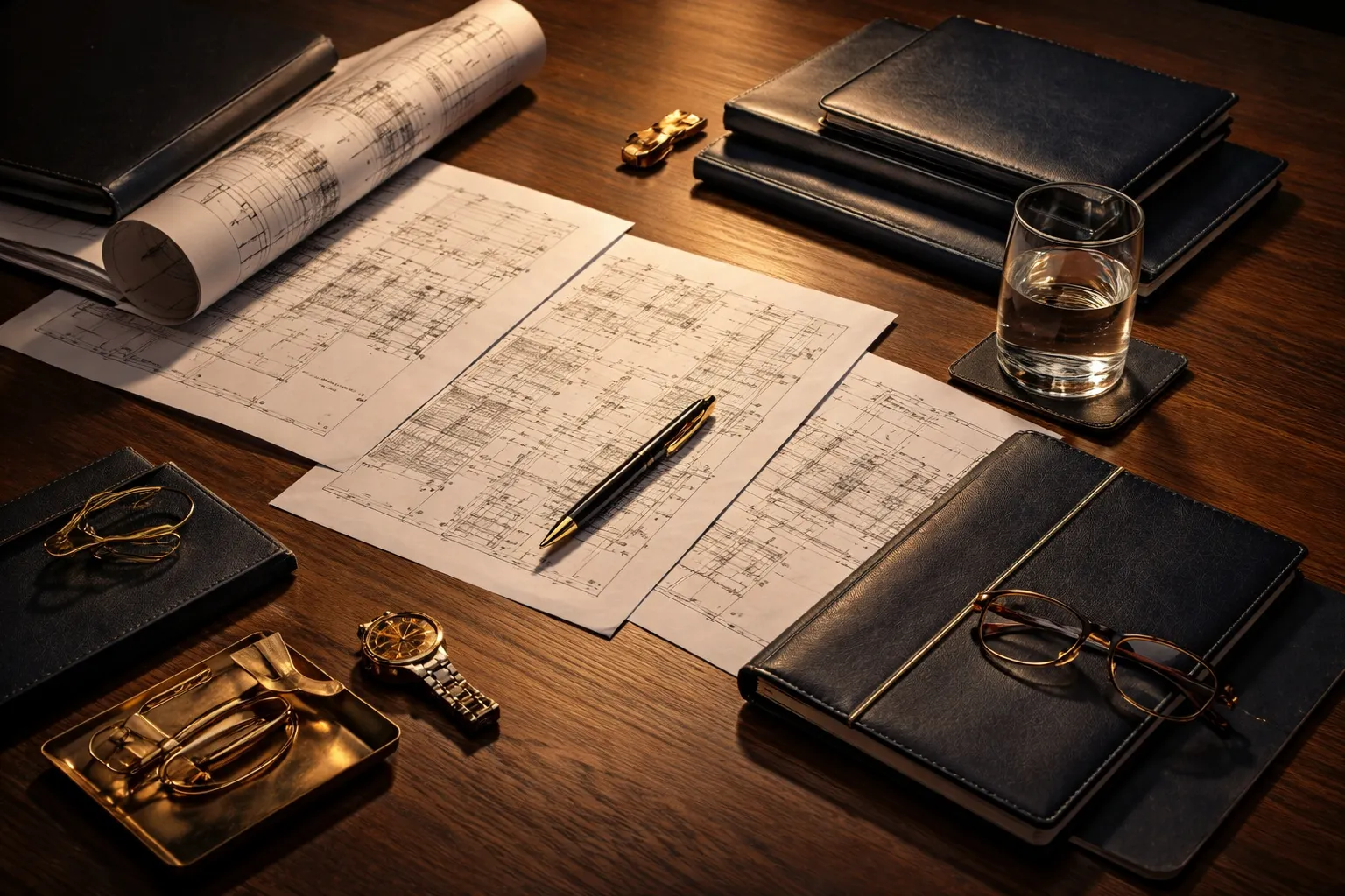 Engineers reviewing technical blueprints and business plans